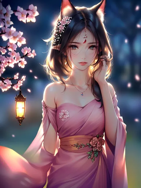 anime style, super fine illustration, highly detailed, dynamic angle, beautiful detailed, 8k, On a spring night, the cherry trees illuminated by the city lights are quietly shining. BREAK A woman stands still, captivated by the beautiful scene, watching th...