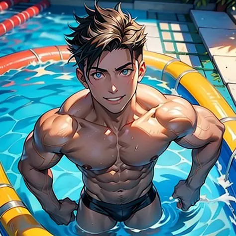 1hombre, adolescente, musculoso, fuerte, espalda ancha, pelo negro, ojos azules, sousuke yamazaki, free!, nadador, speedo, apretado, mojado, cuclillas, piernas separadas, lengua fuera, sonrisa, bulto, piscina, camara desde arriba, full color,4k, detallado,...