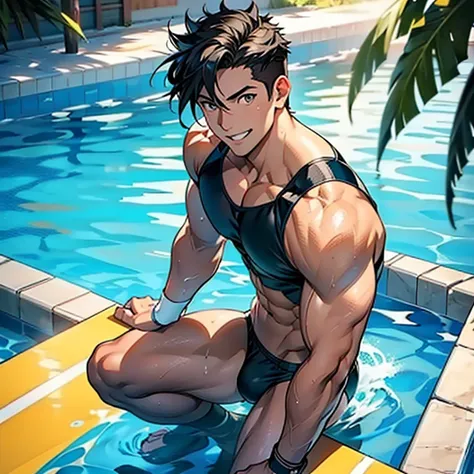 1hombre, adolescente, musculoso, fuerte, espalda ancha, pelo negro, ojos azules, sousuke yamazaki, free!, nadador, speedo, apretado, mojado, cuclillas, piernas separadas, lengua fuera, sonrisa, bulto, piscina, camara desde arriba, full color,4k, detallado,...