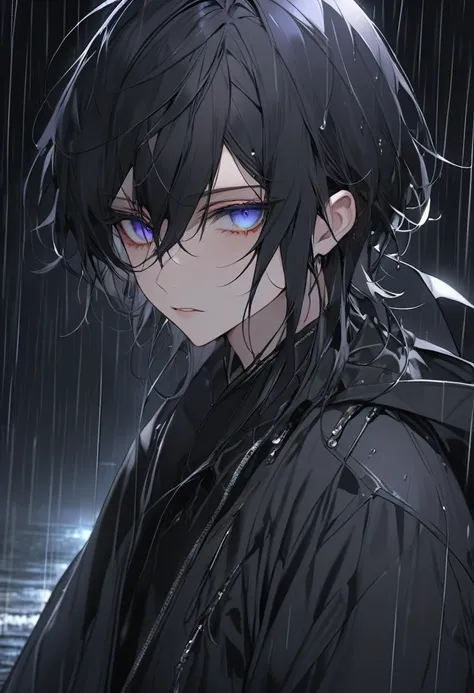 masterpiece, best quality, 1 demon boy, night , rain, detailed face, detailed eyes,japnese touch ,dark theme ,anime structure ,chracter should be a boy or man
 