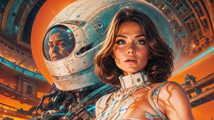 arafed image of a white woman in a futuristic suit with a spaceship in the background, movie art, in front of an orange background, inspired by Robert McGinnis, female protagonist, megastructure in the background, portrait of an ai astronaut, astronauts, a...