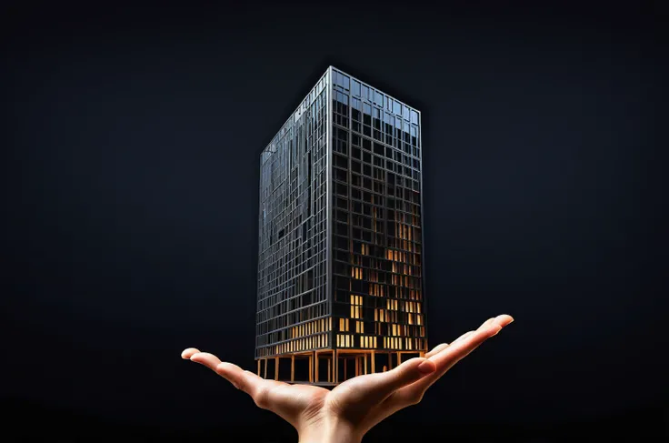 one hand holding a building, exploitable image, ad image, professionally, on a dark background, profile pic, amazingly composed image, high quality picture, artistic depiction, photo - shot, fine illustration, shelter, center of image, unique design, comme...