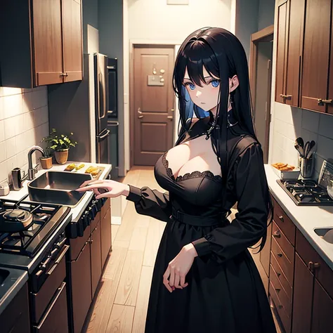 A mother with short long hair, blue eyes, pale skin and big breasts. She is wearing a black dress and is standing in the kitchen, probably cooking.