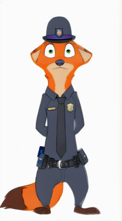 El malvado Nick Wilde, ojos rojos malvados, uniforme de policia, sombrero de bombin (with small robotic eye on the front) hipnotizado con mirada en blanco, Vista de cuerpo completo, sin fondo