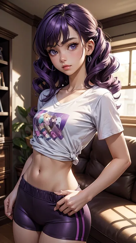 (masterpiece), (best quality), (detailed), light layer, 1solo girl, young girl, perfect body, purple hair in curls, defined large chest, small waist,defined collarbone, ultra realistic, photorealistic, detailed, ,Enhance, wearing a anime shirt and bike sho...