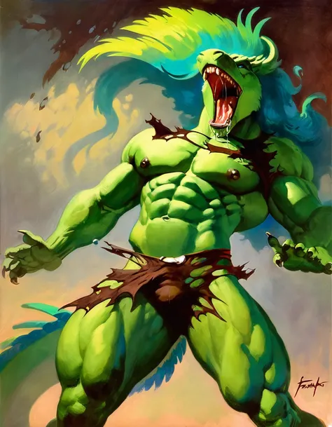 Quetzacoatl, by frank frazetta, solo, abs, pecs, male, [[screaming]], saliva, nipples, masterpiece, best art, torn clothes