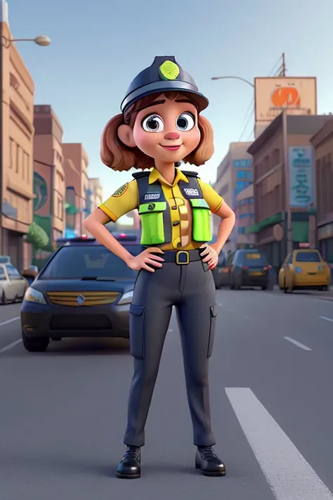 Um mascote vestido de TRAFFIC COP, with traffic vest, estilo pixar, 3d, garoto, TRAFFIC COP, near the traffic light 