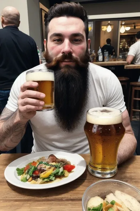 beard man,lunch,eating a lot,drinking beer,yami,