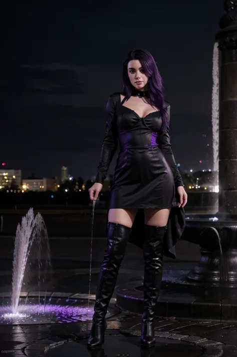 The beauty of the night, black and purple hair, side-cut, black dress, stockings and boots, standing at a fountain, hyperdetailed, realistic, ultra hd, mystical appearance