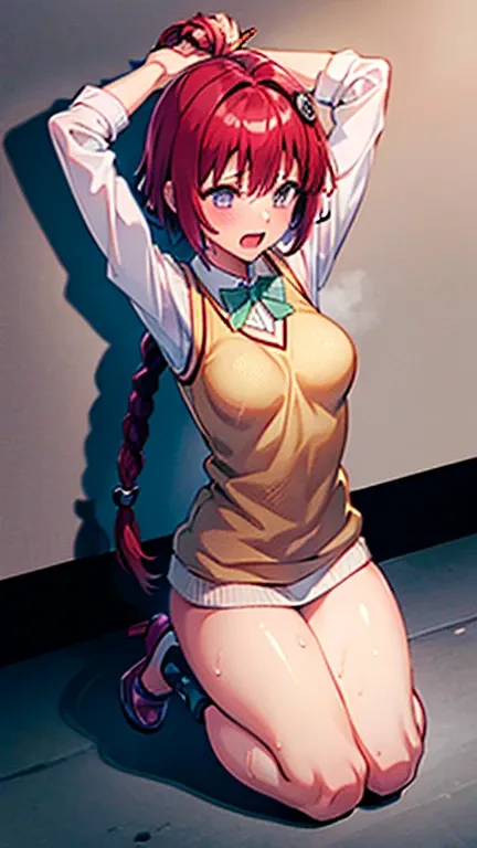 kurosaki mea, hair ornament, short hair, hair intakes, absurdly long braid, red hair, purple eyes, medium breasts, braided ponytail
sainan high , , sweater vest, collared shirt, ribbon
#NSFW #1girl   high heels,,arms up,legs down,bound wrists , 1girl . sol...