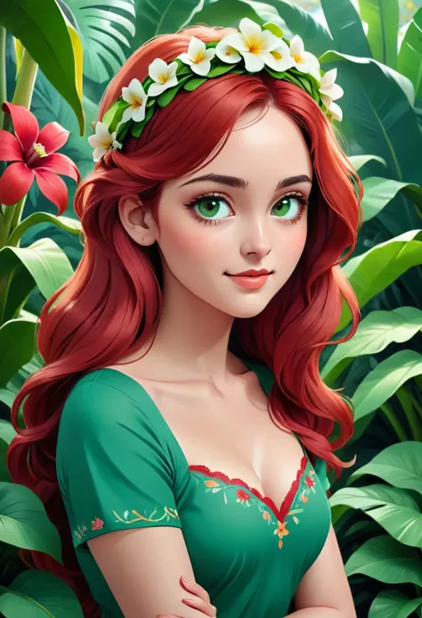 In the image, there is a young woman with long, wavy red hair. She is wearing a green top with a floral embroidery on the chest. The woman has a gentle expression on her face and is looking directly at the camera. She is adorned with a small floral crown o...