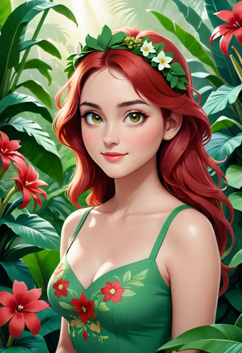 in the image, there is a young woman with long, wavy red hair. she is wearing a green top with a floral embroidery on the chest....