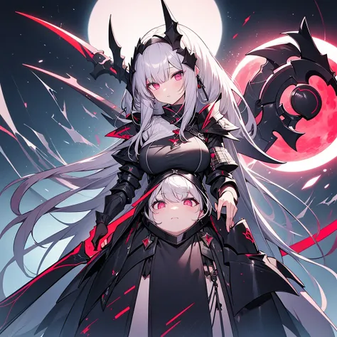 4K、Silver Hair、Slanted Eyes、Pink Eyes、fair skin、Black gothic armor、Has a big scythe、big breasts、Standing under the red moon、Full Body、high quality、High resolution