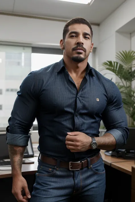 un hombre guapo sentado en la oficina,Corte de equipo,Traje de negocios,ventanas,paisaje urbano,cuerpo completo,macho maduro,[rechoncho],[chris redfield], jeans