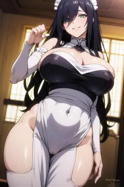 mature women,milf,large breast,beautiful face,long hair, shiny hair, green eyes,high detailed,black hair, hair over one eye,masterpiece,perfect anatomy,sexy smile, deep cleavage,maid outfit,date event,looking at espectator,dynamic pose,