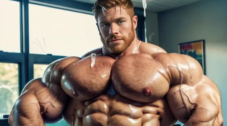 ginger daddy with blue/green eyes, (handsome:1.9), hung, (Muscular:1.6), flexed chest, (Huge Bulge:1.3), soft smile, wearing nothing but a bowtie, beard, ginger, (gigantic bodybuilder:1.4), (strongly flexed pectoral muscles:1.4), (vascular pectoral muscles...