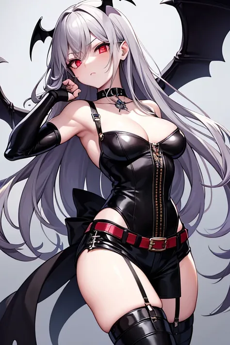 garota demonio de cabelo curto branco , wearing gothic clothes and platform boots, em estilo anime, make her have gray skin and red eyes, bat wings plus I want her to wear black denim shorts with a leather belt and chains attached to it. I also want her to...