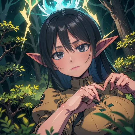 Delve into the heart of the forest with a photo of a captivating game character, a woodland elf with ebony black hair and alabaster skin. She is one with nature, harnessing the power of the ancient trees and mysterious creatures. The photo captures the ess...