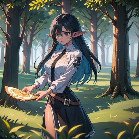 Delve into the heart of the forest with a photo of a captivating game character, a woodland elf with ebony black hair and alabaster skin. She is one with nature, harnessing the power of the ancient trees and mysterious creatures. The photo captures the ess...