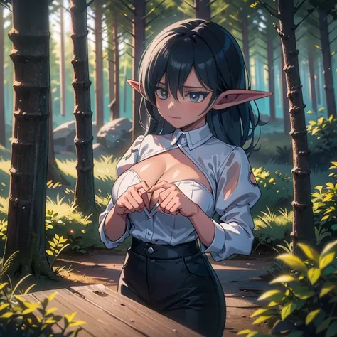 Delve into the heart of the forest with a photo of a captivating game character, a woodland elf with ebony black hair and alabaster skin. She is one with nature, harnessing the power of the ancient trees and mysterious creatures. The photo captures the ess...