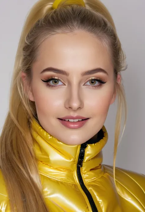 hyperrealistic beautiful 18-year-old women in shiny yellow puffer jacket latex catsuit, model shooting photography, very long blonde straight ponytail, dark eye makeup with eyeliner, seductive smile, flashing , 8K, best quality, Meisterwerk, ultra high res...