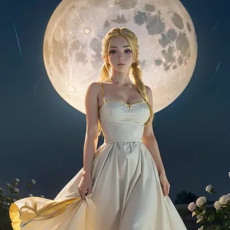 Masterpiece, high quality, anime, 1girl, full body shots, blue eyes, golden yellow hair, 2 long ponytail, princess, long white dress, peaceful emotion, full moon in the middle background, big full moon background, roses background, night sky background
