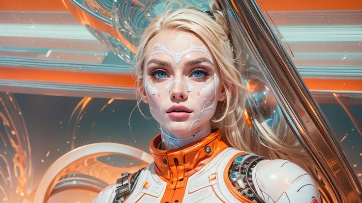 arafed image of a white woman in a futuristic suit with a spaceship in the background, movie art, in front of an orange background, inspired by Robert McGinnis, female protagonist, megastructure in the background, portrait of an ai astronaut, astronauts, a...