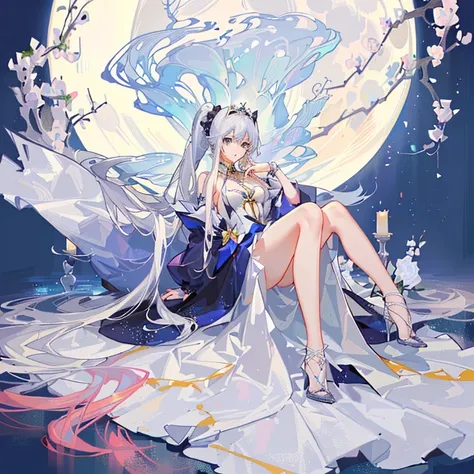 Masterpiece, high quality, anime, 1girl, full body shots, blue eyes, 2 long ponytail, princess, long white dress, peaceful emotion, full moon in the middle background, big full moon background, roses background, night sky background, golden yellow hair