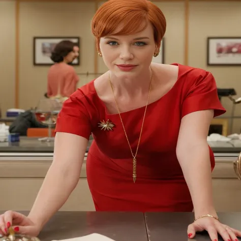 chr1sh3n as Joan Holloway, red dress, cleavage, red hair, perfect hands, make-up, in her 20s, Christina Hendricks, youthful, sexy, standing, 