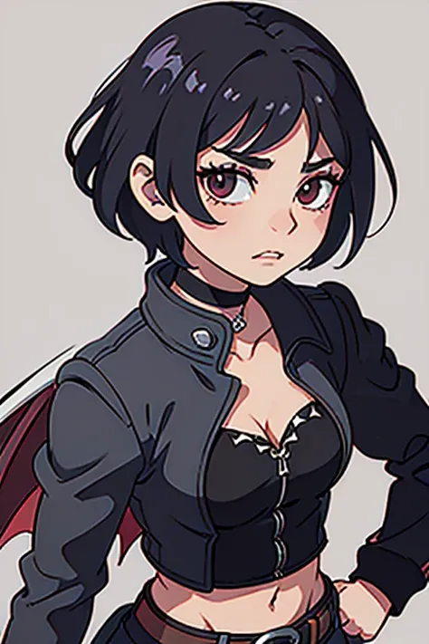 Draw a muscular demon girl with short white hair, wearing gothic clothes and platform boots. She should have gray skin and red eyes. Additionally, give her bat wings. I want her to wear black denim shorts with a leather belt and chains attached to it. Also...