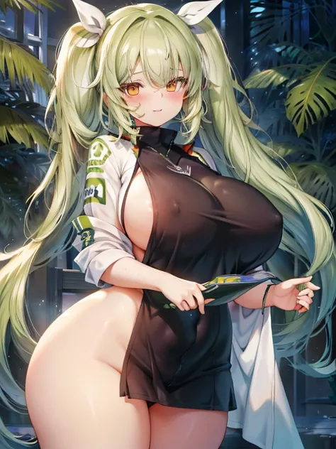 1girl, solo, , masterpiece, disproportionate breasts,chubby body ,gigantic breasts, sagging breasts, oppai, 13years, twintail hair, green hair, slanted eyes, orange eyes, gentle smile,