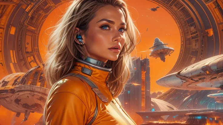 arafed image of a white woman in a futuristic suit with a spaceship in the background, movie art, in front of an orange background, inspired by Robert McGinnis, female protagonist, megastructure in the background, portrait of an ai astronaut, astronauts, a...