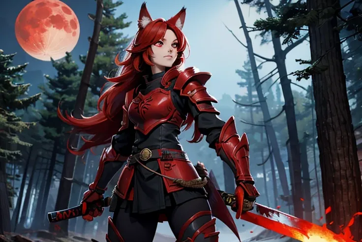 Female, red hair, wolf ears and tail, red eyes, black armor, steel katana, forest, blood moon