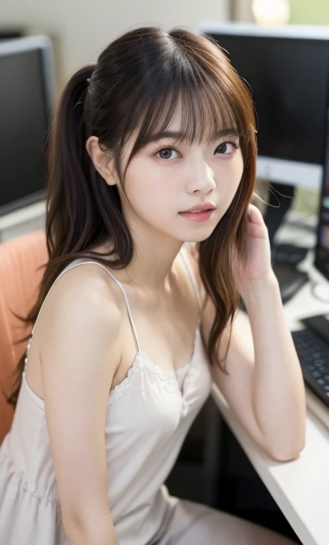 masterpiece、highest quality、16K、RAW Photos、Super detailed、Ultra-high resolution、UHD，Depth of written boundary、very detailed、late night office、dim、Cinematic lighting、Professional Lighting、Pale shading、Weak contrast、Japanese、beautiful girl、Smooth, silky skin...