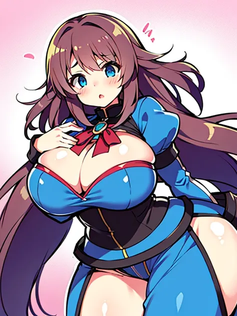 A Cute, 17 year old Girl, with Breasts that are too Extremely Large. Brunette hair, Beautiful blue eyes, worried expression about her (excessively enormous, Ridiculously Gargantuan breasts) and that they won’t stop expanding.