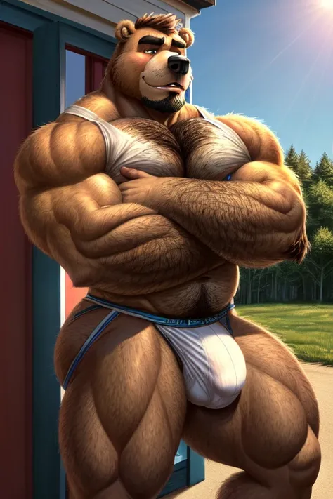 ((best quality)), ((masterpiece)), (detailed), perfect face, Bara Furry, Anthropomorphic bear, Dilf, Daddy, muscular, big pecs, broad shoulders, big biceps, thick thighs, huge ass, bubble butt, hairy ass, wearing jockstrap, big bulge, defined genitalia, un...