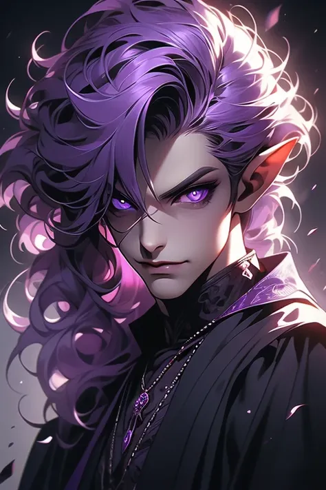 mean, male, boy, gothic dark evil smirk purple accents purple curly hair magenta eyes elven ears achromatic evil smile