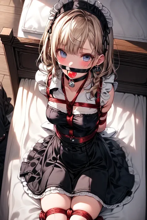 Shiny blond hair, very long hair, sophisticated haircut, ((((hair fully braided)))), ((small twisted braids)), thin and oval face, submissive, (((gagged))), ((((very cute maid girl)))), ((((very cute black maid dress)))), ((((cute waitress serving a blond ...