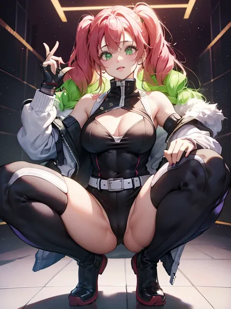 (masterpiece:1.4), best quality, highres, lu1, cyborg, multicolored hair, makeup, bare shoulders, black leotard, highleg leotard, (thong:1.1), white jacket, open jacket, belt, shorts, cowboy shot, cyberpunk, squatting, wall, abs, Woman Sitting Facing Front...