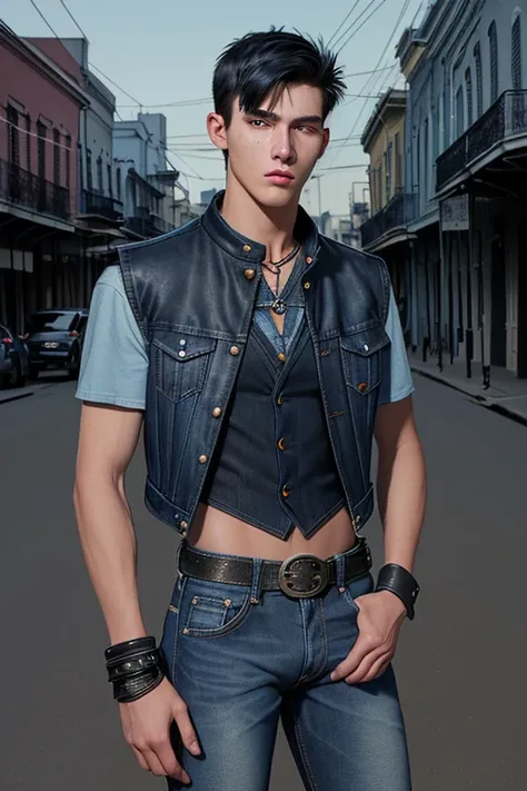 20-year-old man, motorcyclist, horse, blue-black, short hair, biker vest, denim, open blue shirt, blue denim pants with skull prints, black belt, eye buckle, arcane complexion, muscular, slim, in the background of a New Orleans street at night 