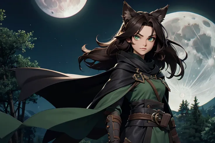 Female, dark brown hair, wolf ears and tail, green eyes, black cloak, sheathed steel katana, forest, full moon