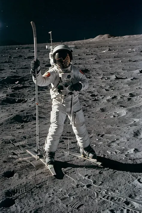 Space image of an 10 years old astronaut skiing on the moon with Earth in the background