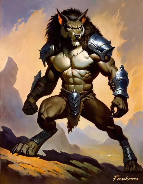 Worgen, by frank frazetta, solo, abs, pecs, male, digitigrade feet, badass stance, armor, detailed, masterpiece, best art,