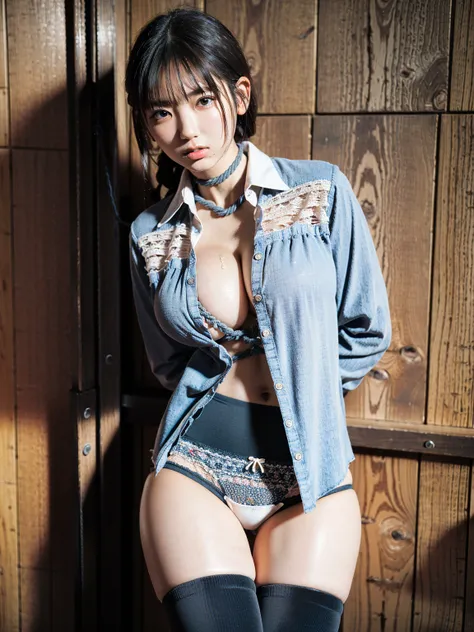 (41k4:1.15), (aika-sawaguchi:0.7), masterpiece, Best Quality, 8K, Raw photo, (open shirt:2), (wearing a collared shirt:1.7), (cum:1.5), top-notch quality, masterpiece, (wearing lace panties:1.6), (BDSM:1.6), (rope bondage:1.6), (tied up with rope:1.4), (ar...