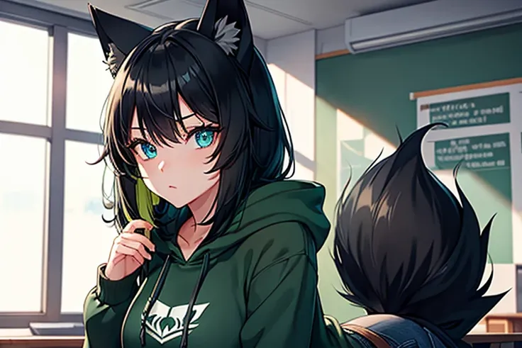 Female, black hair, dark green highlights, wolf ears and tail, blue eyes, green hoodie, black jeans, black backpack, classroom