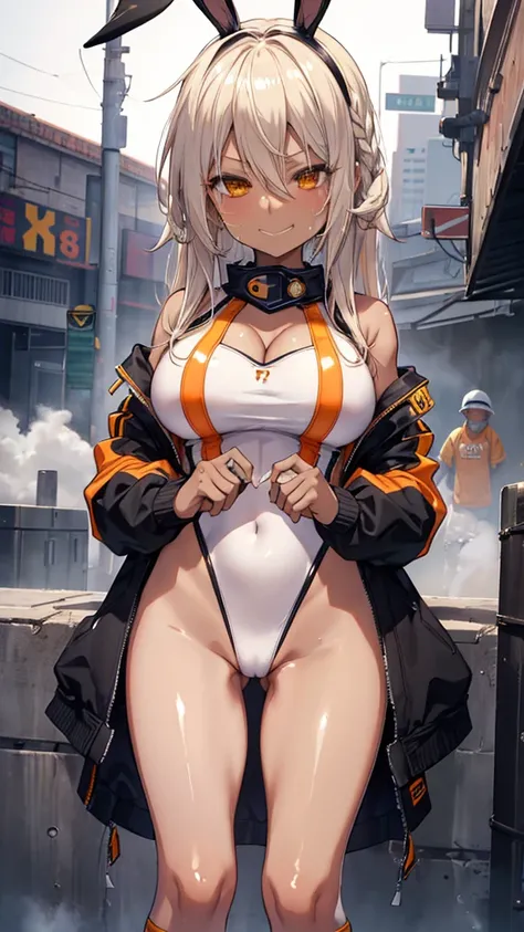 shot from below front、Standing、cute woman、Lots of steam、highest quality、ウルトラ - High resolution、High resolution、Highly detailed CG、8k unit wallpaper、18-year-old、Careful and gentle eyes,Delicate and beautiful smile、Platinum Blonde Hair、Asymmetrical Hair、((( ...