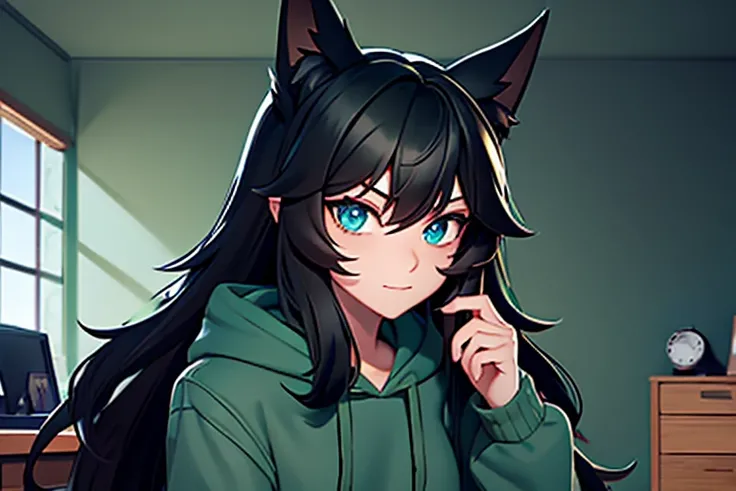 Female, black hair, dark green highlights, straight long hair, wolf ears, blue eyes, green hoodie, black jeans, homework, bedroom desk