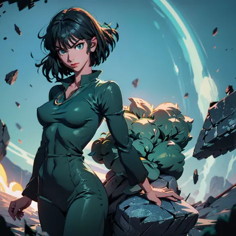 Anime art style, Fubuki from one punch man, green hair, white skin, wearing V-neck dress, flying over destroyed rock, cinematic lights, blushing cheeks, ligth smiling, detailed small breast, wide hips, NSFW, cowboy shot.