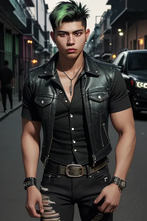 20-year-old man, Latin appearance, black horse with green highlights, short hair, open denim biker vest, black shirt, black jeans with skull prints, black belt, arcane eye buckle, slim muscular build, in the background of a New Orleans street at night. 