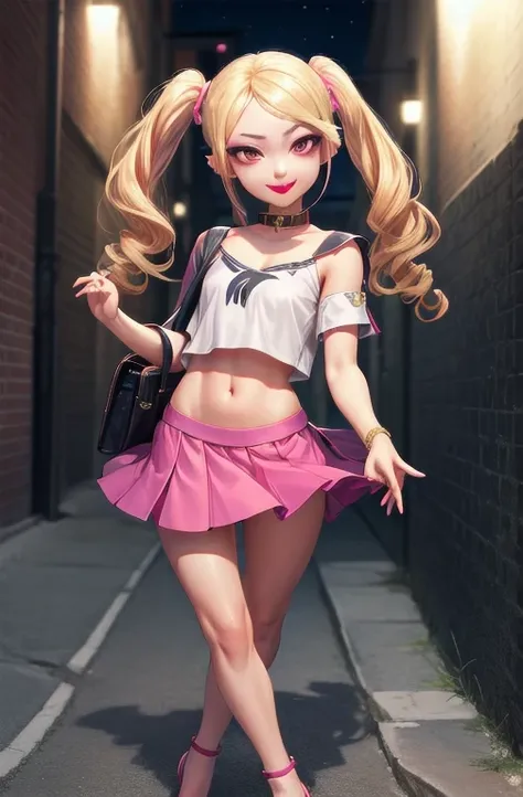 1girl,solo,(shiny clothes),(pink strapless),tight dress, midriff,pencil skirt,highleg,green skirt, twintails, (loli:1.8),eyelashes, (makeup:1.4),(lipstick:1.4), (night:1.3), flat chest, pink eyes, blonde hair, smirk, alley,against wall, partially visible v...